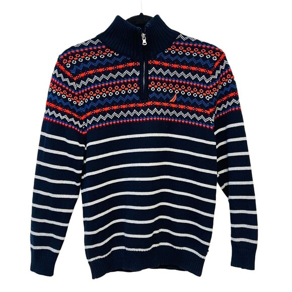 Nautica KIDS Fair Isle Quarter Zip Sweater Striped Knit Pullover Logo Classic - Picture 5 of 12